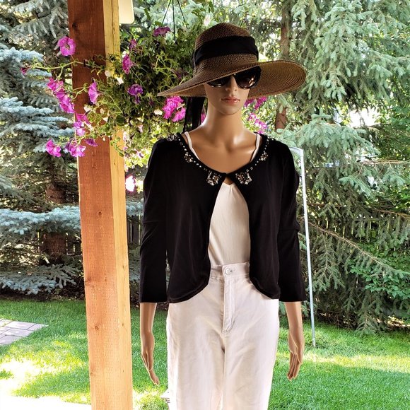 ELIZA J, black cropped cardigan with crystal details, size: large - Picture 6 of 13